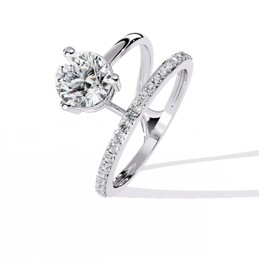 Round Brilliant Diamond Floating Halo Gold Ring – Elegant Pavé Band Engagement Ring