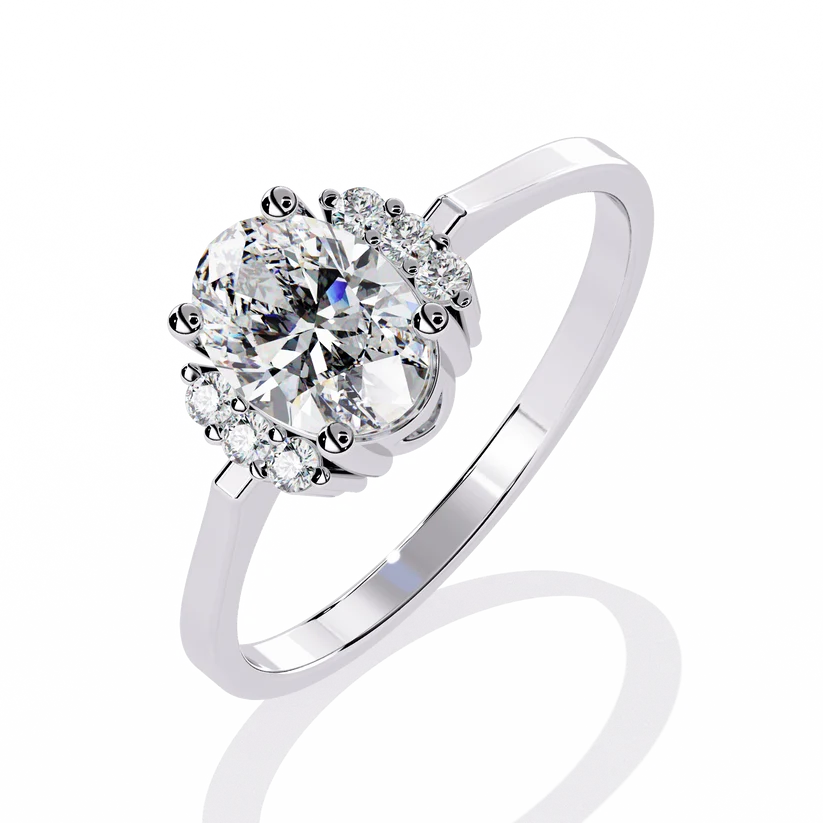 Oval Cut Diamond Three-Stone Gold Ring – Side Diamond Halo Engagement Ring