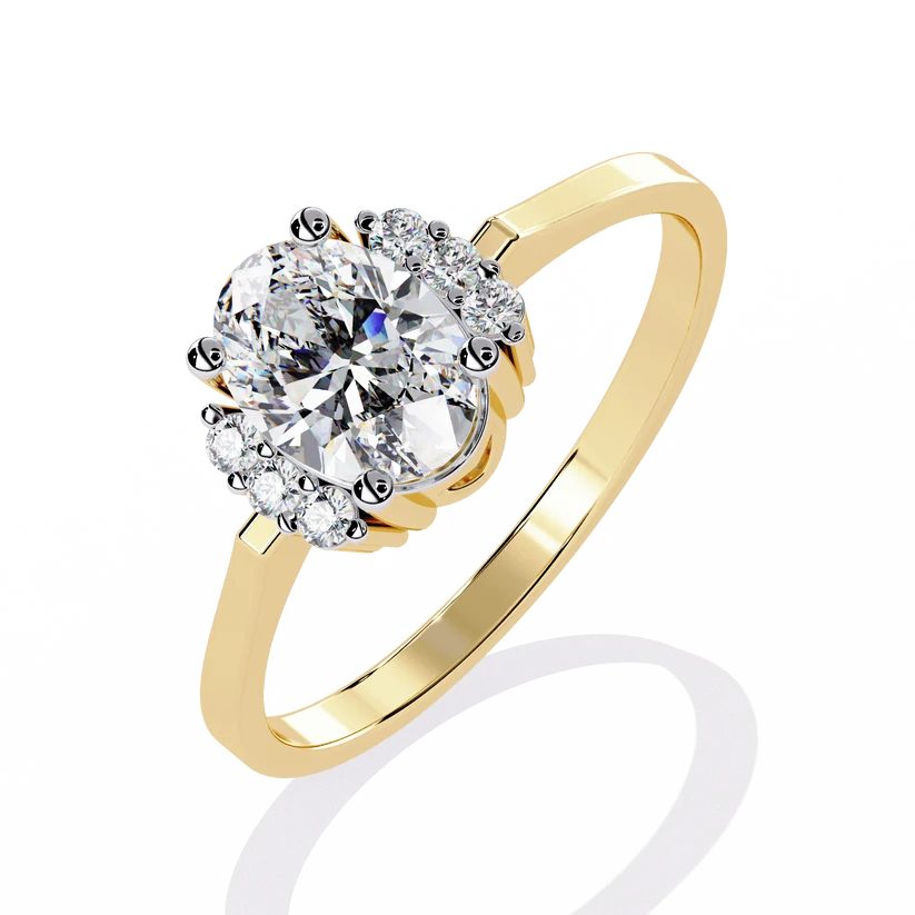 Oval Cut Diamond Three-Stone Gold Ring – Side Diamond Halo Engagement Ring