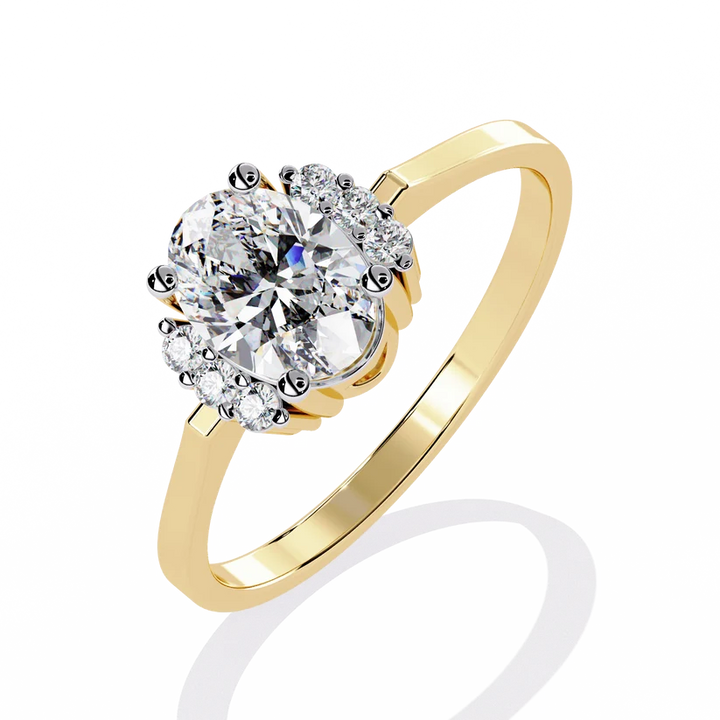 Oval Cut Diamond Three-Stone Gold Ring – Side Diamond Halo Engagement Ring