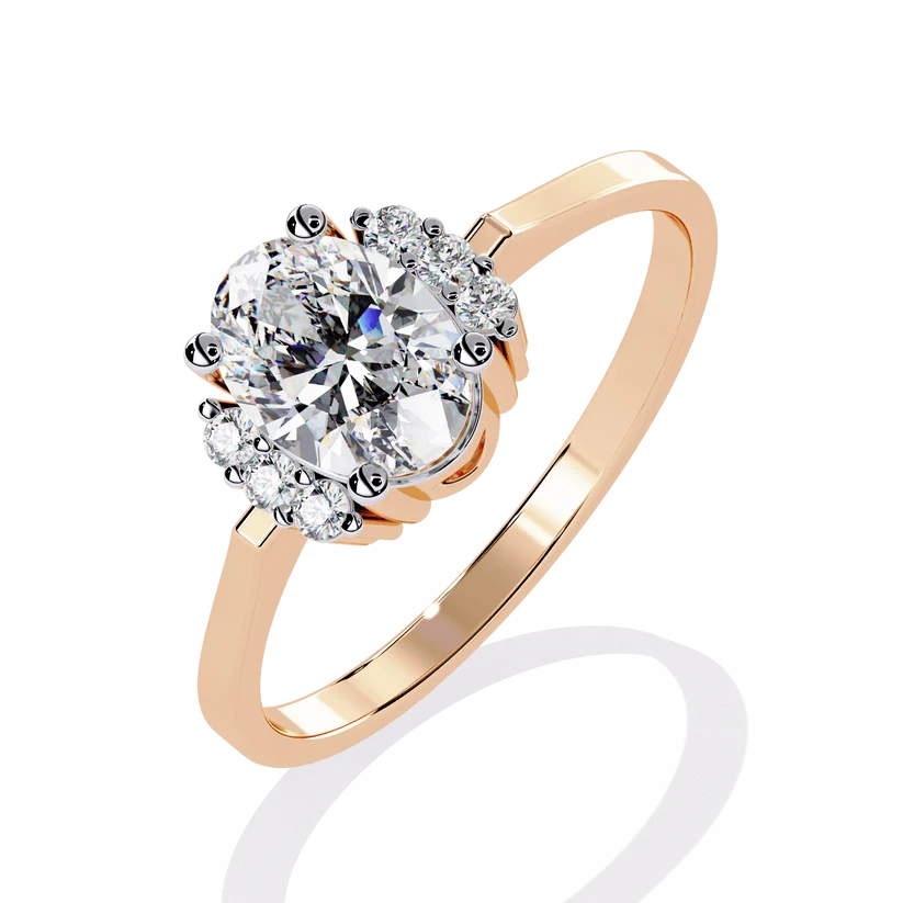 Oval Cut Diamond Three-Stone Gold Ring – Side Diamond Halo Engagement Ring
