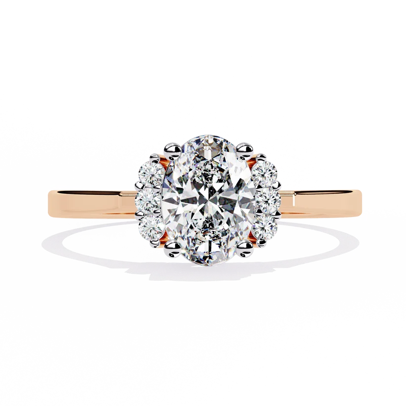 Oval Cut Diamond Three-Stone Gold Ring – Side Diamond Halo Engagement Ring