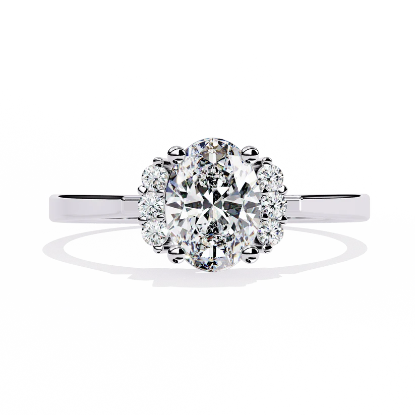 Oval Cut Diamond Three-Stone Gold Ring – Side Diamond Halo Engagement Ring
