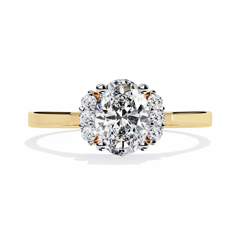Oval Cut Diamond Three-Stone Gold Ring – Side Diamond Halo Engagement Ring