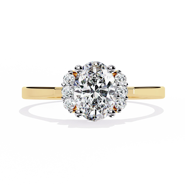Oval Cut Diamond Three-Stone Gold Ring – Side Diamond Halo Engagement Ring