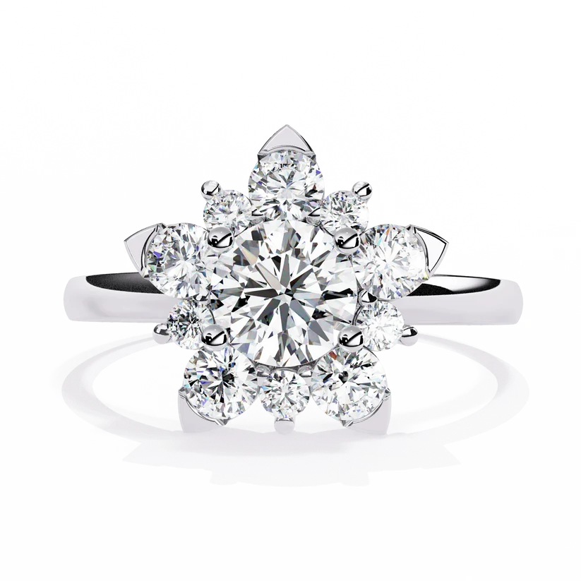 Round Brilliant Diamond Floral Halo Gold Ring – Elegant Flower Cluster Engagement Ring
