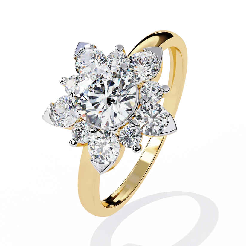Round Brilliant Diamond Floral Halo Gold Ring – Elegant Flower Cluster Engagement Ring