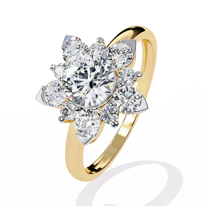 Round Brilliant Diamond Floral Halo Gold Ring – Elegant Flower Cluster Engagement Ring