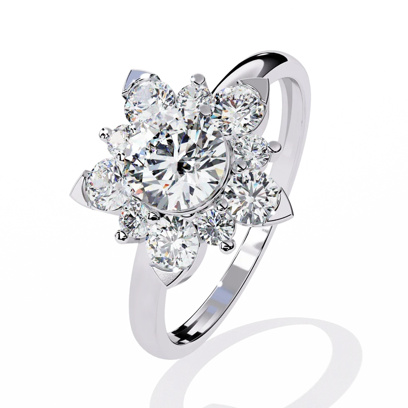 Round Brilliant Diamond Floral Halo Gold Ring – Elegant Flower Cluster Engagement Ring