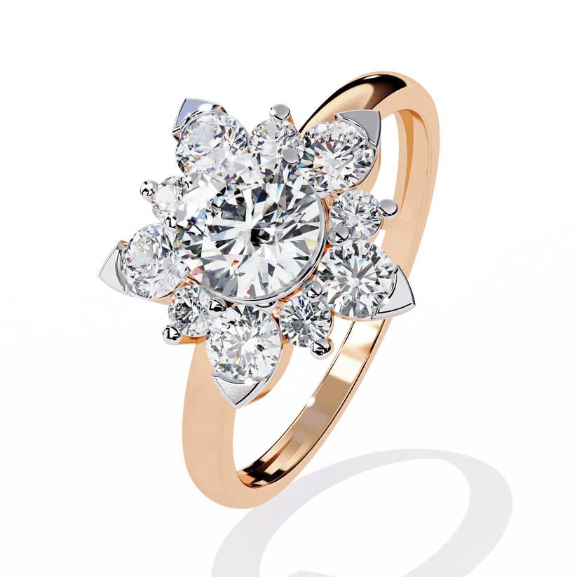 Round Brilliant Diamond Floral Halo Gold Ring – Elegant Flower Cluster Engagement Ring