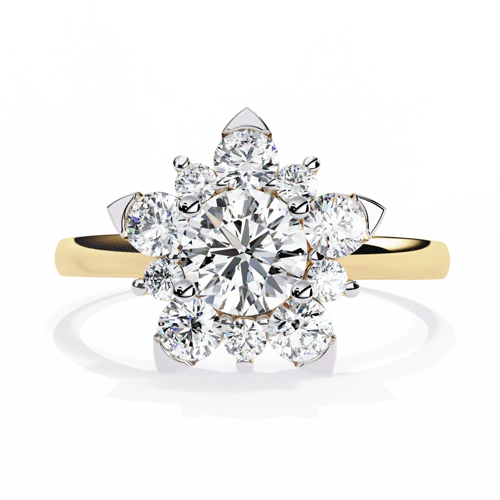 Round Brilliant Diamond Floral Halo Gold Ring – Elegant Flower Cluster Engagement Ring