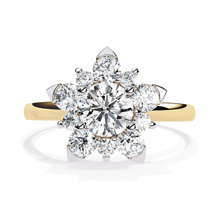 Round Brilliant Diamond Floral Halo Gold Ring – Elegant Flower Cluster Engagement Ring