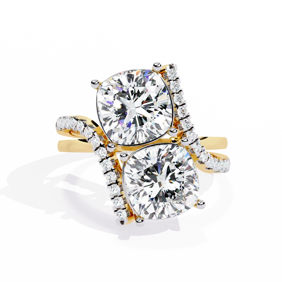 Modern Double Cushion-Cut Diamond Bypass Ring in Solid Gold | Pavé Statement Ring for Women