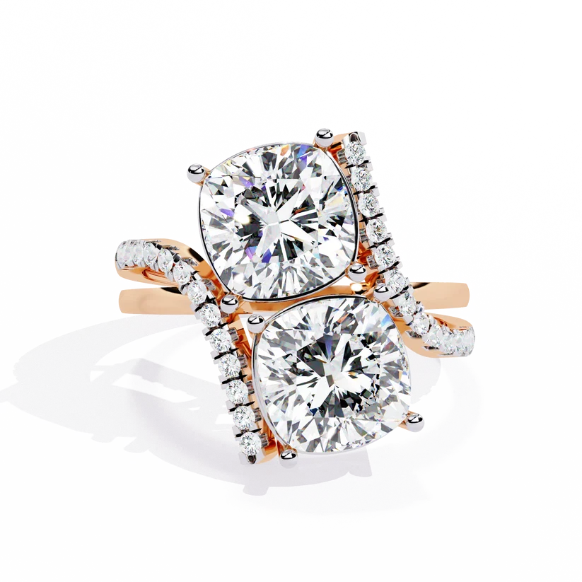 Modern Double Cushion-Cut Diamond Bypass Ring in Solid Gold | Pavé Statement Ring for Women