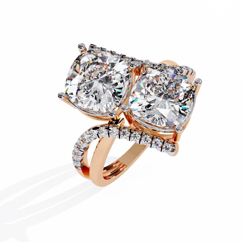 Modern Double Cushion-Cut Diamond Bypass Ring in Solid Gold | Pavé Statement Ring for Women