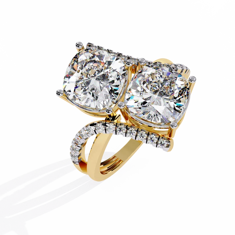 Modern Double Cushion-Cut Diamond Bypass Ring in Solid Gold | Pavé Statement Ring for Women