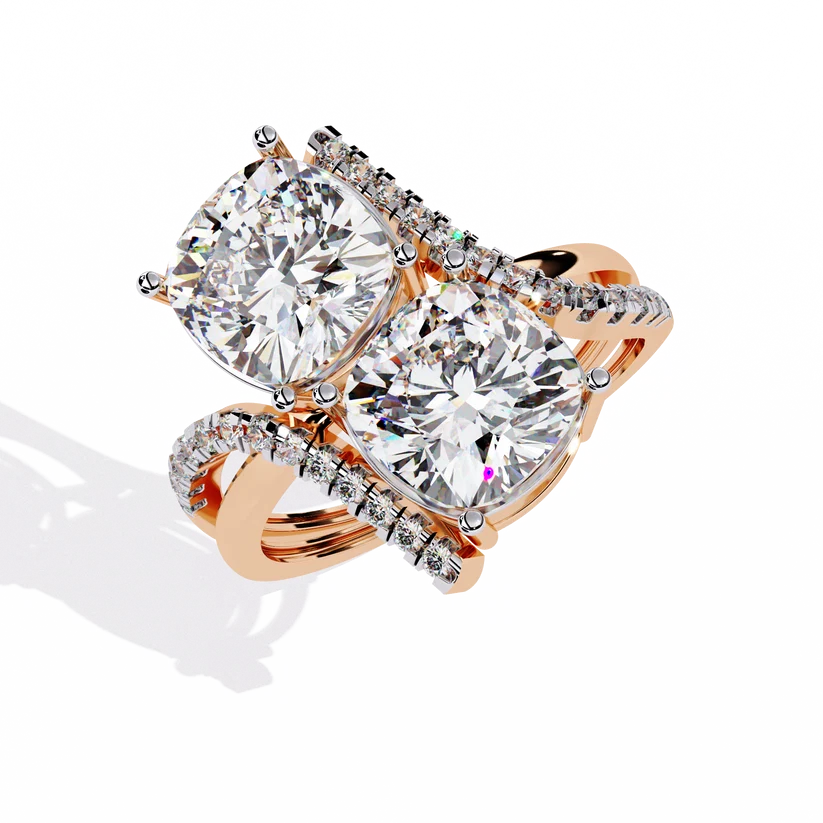 Modern Double Cushion-Cut Diamond Bypass Ring in Solid Gold | Pavé Statement Ring for Women