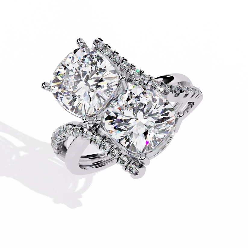 Modern Double Cushion-Cut Diamond Bypass Ring in Solid Gold | Pavé Statement Ring for Women