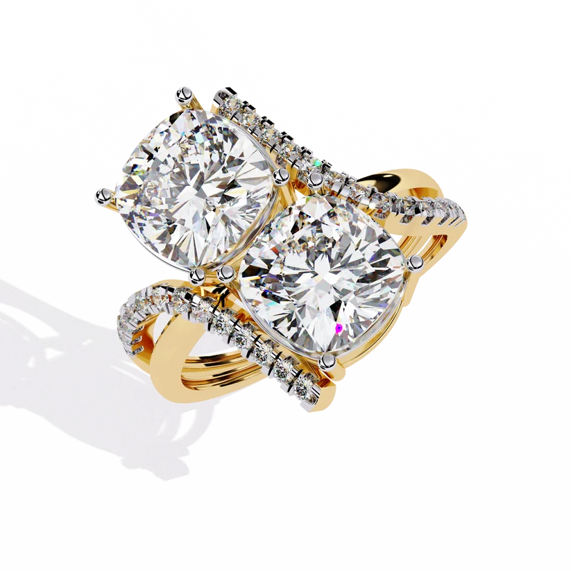 Modern Double Cushion-Cut Diamond Bypass Ring in Solid Gold | Pavé Statement Ring for Women