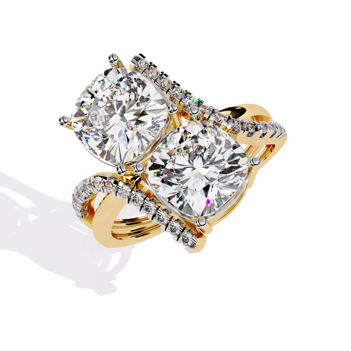 Modern Double Cushion-Cut Diamond Bypass Ring in Solid Gold | Pavé Statement Ring for Women
