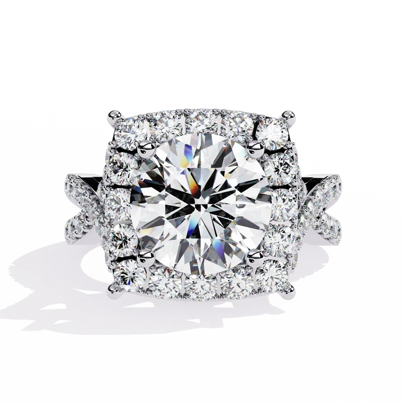 Round Brilliant Diamond Cushion Halo Gold Ring – Luxury Pavé Statement Engagement Ring