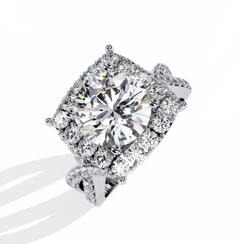 Round Brilliant Diamond Cushion Halo Gold Ring – Luxury Pavé Statement Engagement Ring