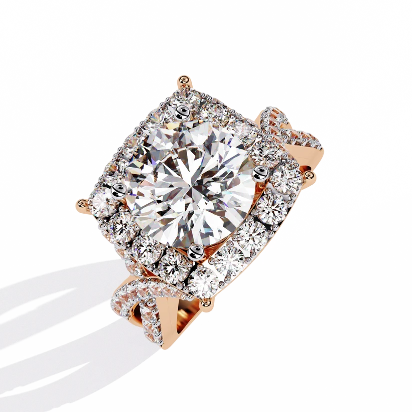 Round Brilliant Diamond Cushion Halo Gold Ring – Luxury Pavé Statement Engagement Ring