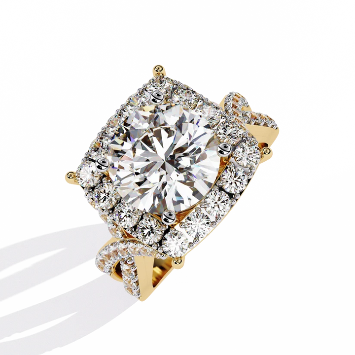 Round Brilliant Diamond Cushion Halo Gold Ring – Luxury Pavé Statement Engagement Ring