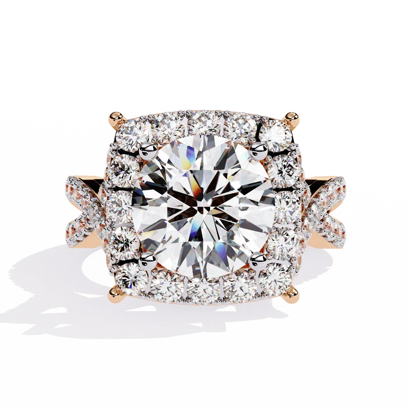 Round Brilliant Diamond Cushion Halo Gold Ring – Luxury Pavé Statement Engagement Ring