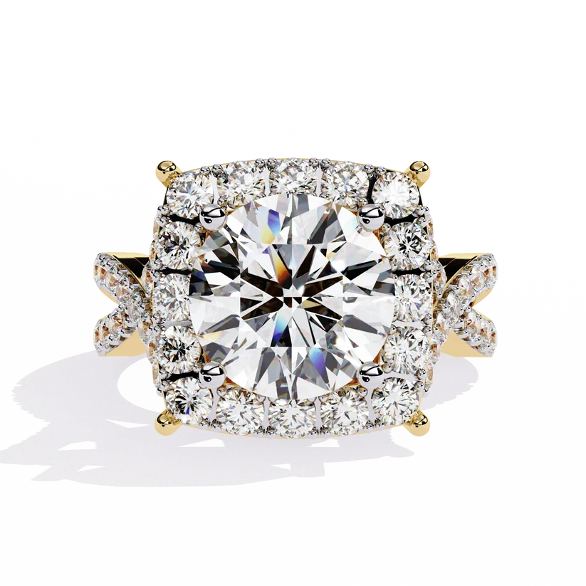 Round Brilliant Diamond Cushion Halo Gold Ring – Luxury Pavé Statement Engagement Ring