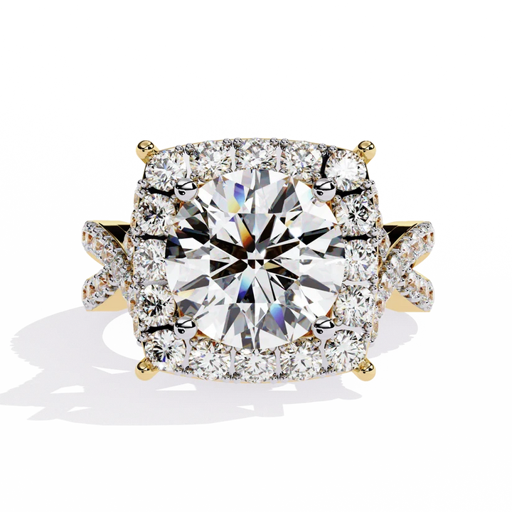 Round Brilliant Diamond Cushion Halo Gold Ring – Luxury Pavé Statement Engagement Ring