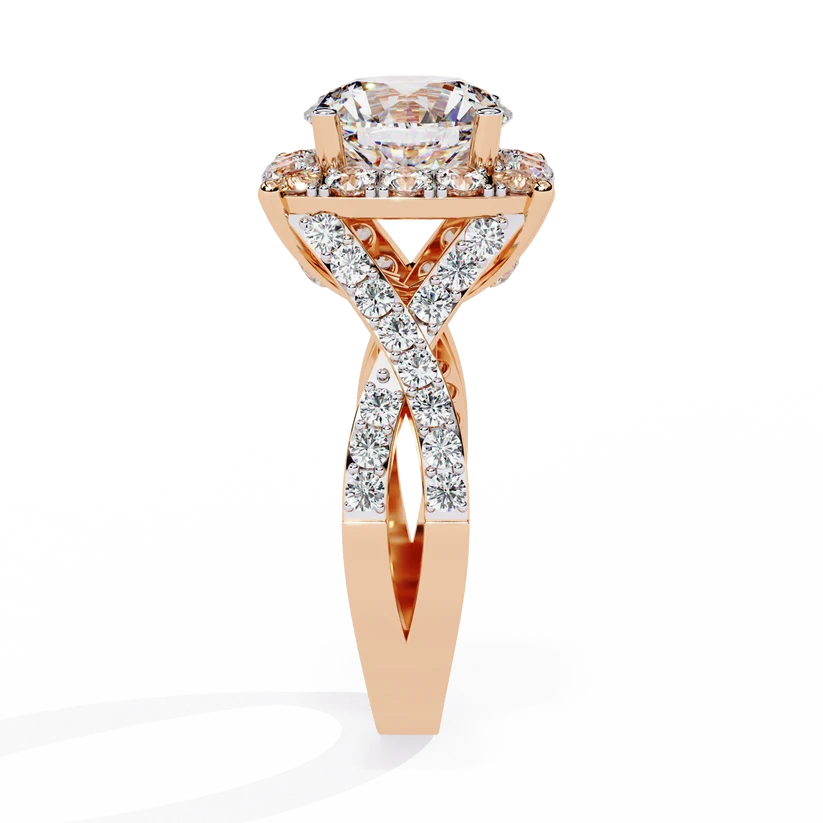 Round Brilliant Diamond Cushion Halo Gold Ring – Luxury Pavé Statement Engagement Ring