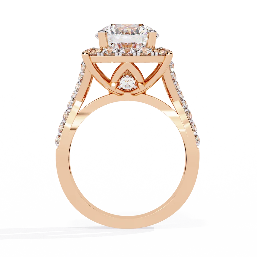 Round Brilliant Diamond Cushion Halo Gold Ring – Luxury Pavé Statement Engagement Ring