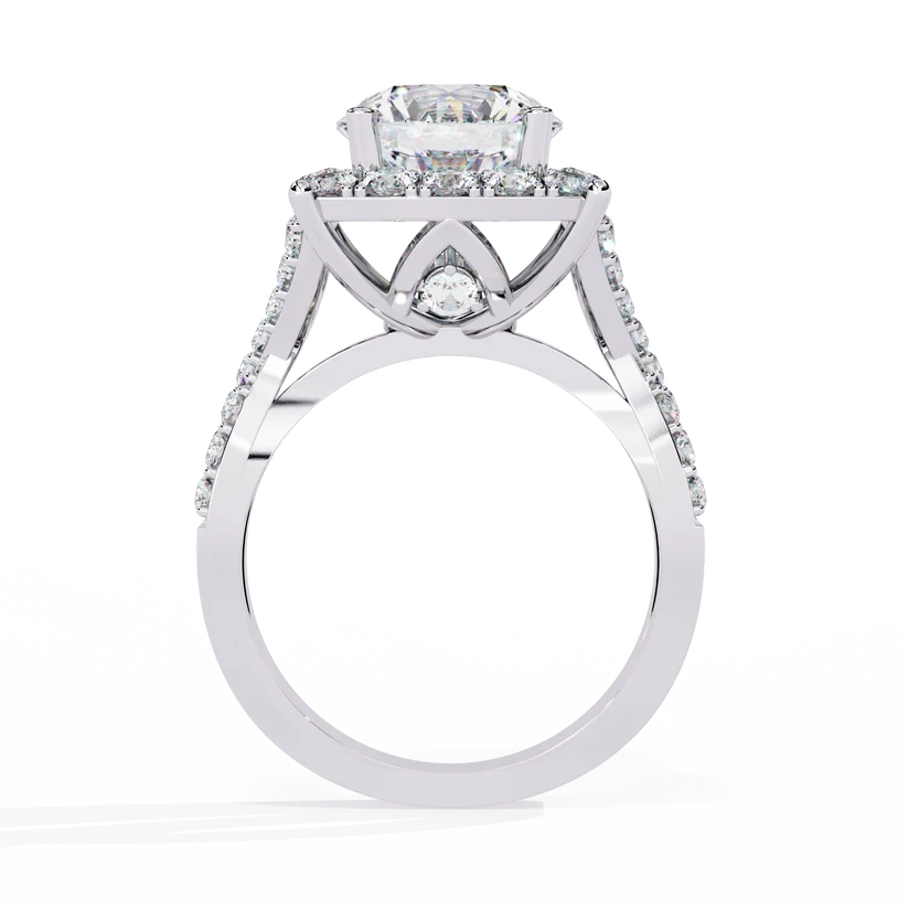 Round Brilliant Diamond Cushion Halo Gold Ring – Luxury Pavé Statement Engagement Ring