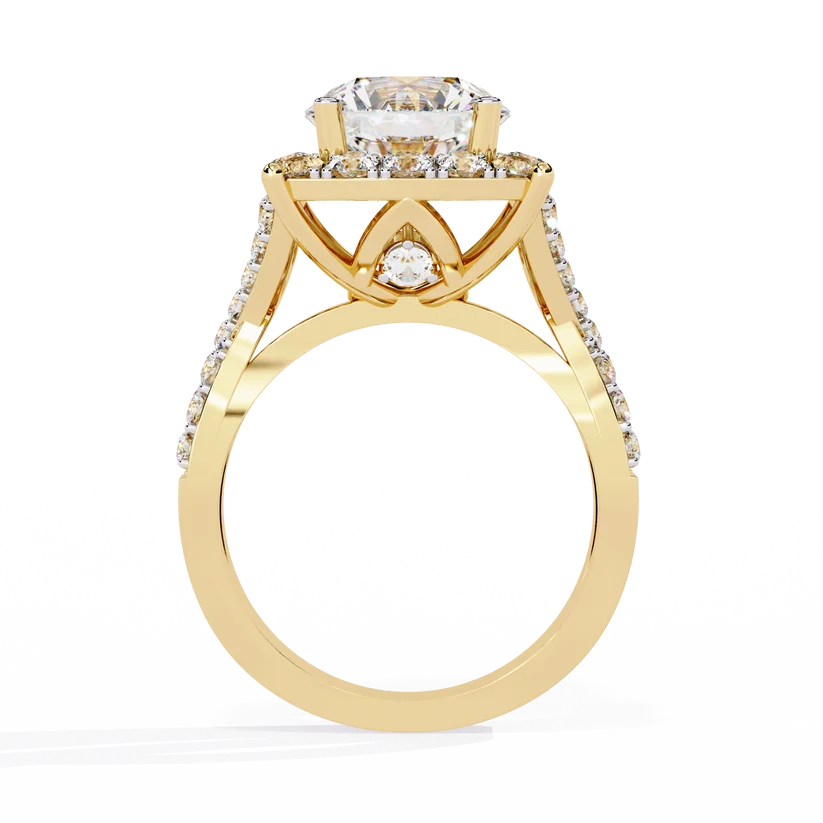 Round Brilliant Diamond Cushion Halo Gold Ring – Luxury Pavé Statement Engagement Ring