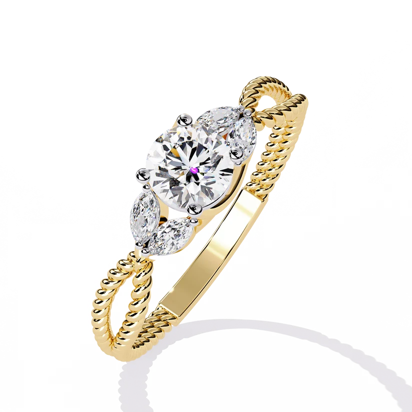 Round Diamond Leaf Motif Gold Ring – Elegant Nature-Inspired Diamond Engagement Ring