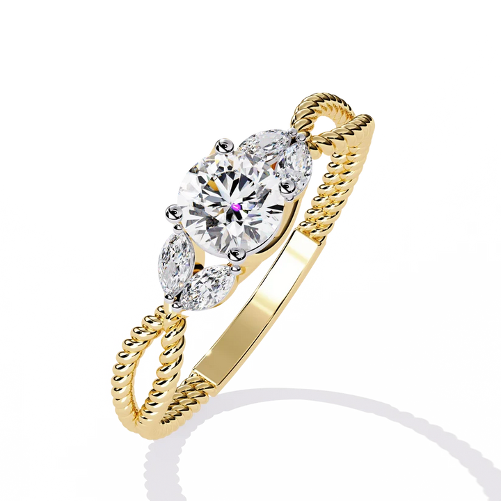 Round Diamond Leaf Motif Gold Ring – Elegant Nature-Inspired Diamond Engagement Ring