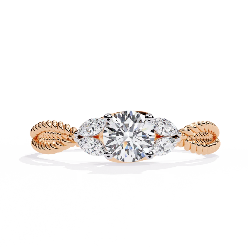 Round Diamond Leaf Motif Gold Ring – Elegant Nature-Inspired Diamond Engagement Ring