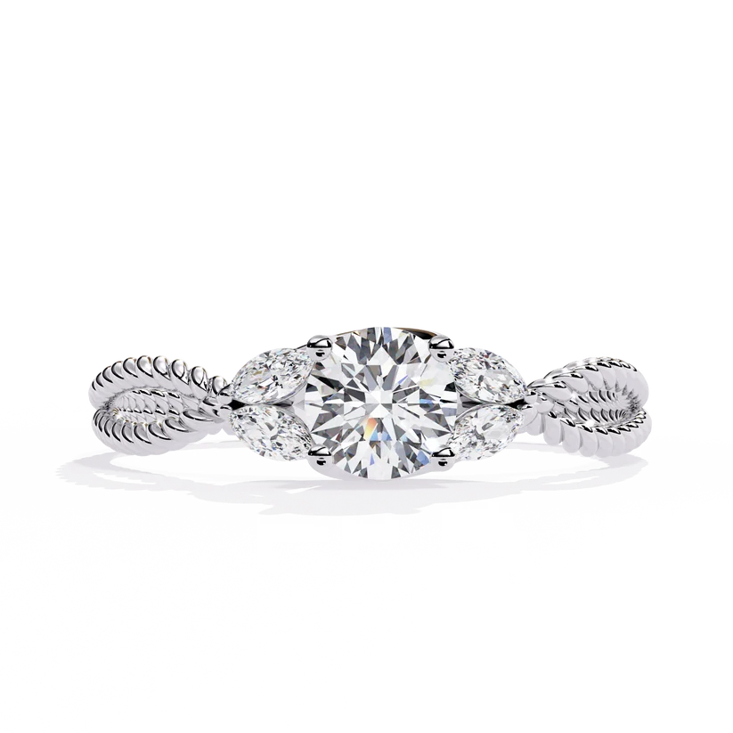 Round Diamond Leaf Motif Gold Ring – Elegant Nature-Inspired Diamond Engagement Ring