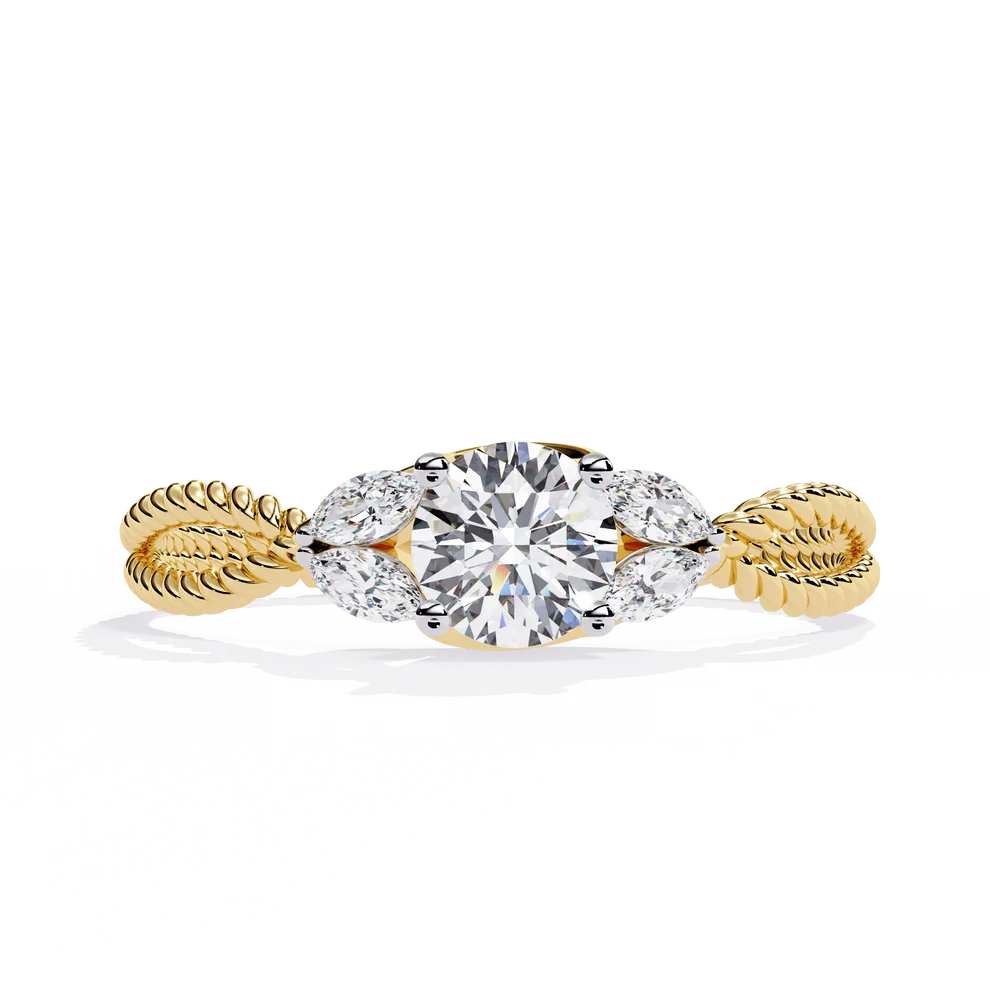 Round Diamond Leaf Motif Gold Ring – Elegant Nature-Inspired Diamond Engagement Ring