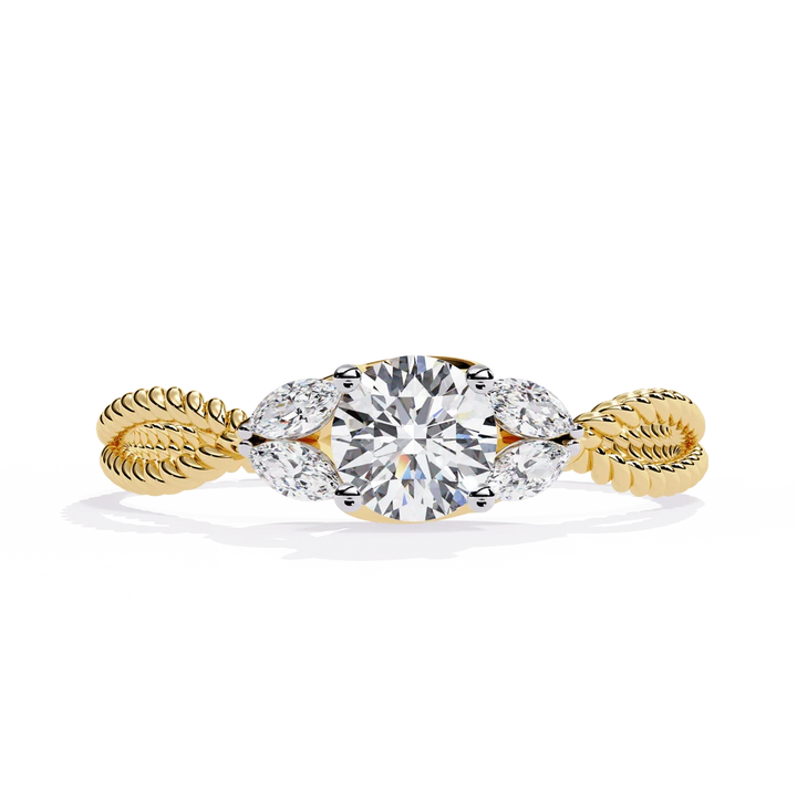 Round Diamond Leaf Motif Gold Ring – Elegant Nature-Inspired Diamond Engagement Ring