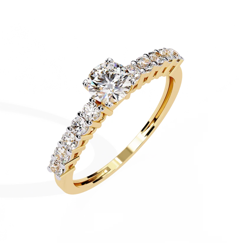 Round Brilliant Diamond Pavé Gold Ring – Elegant Classic Engagement Ring
