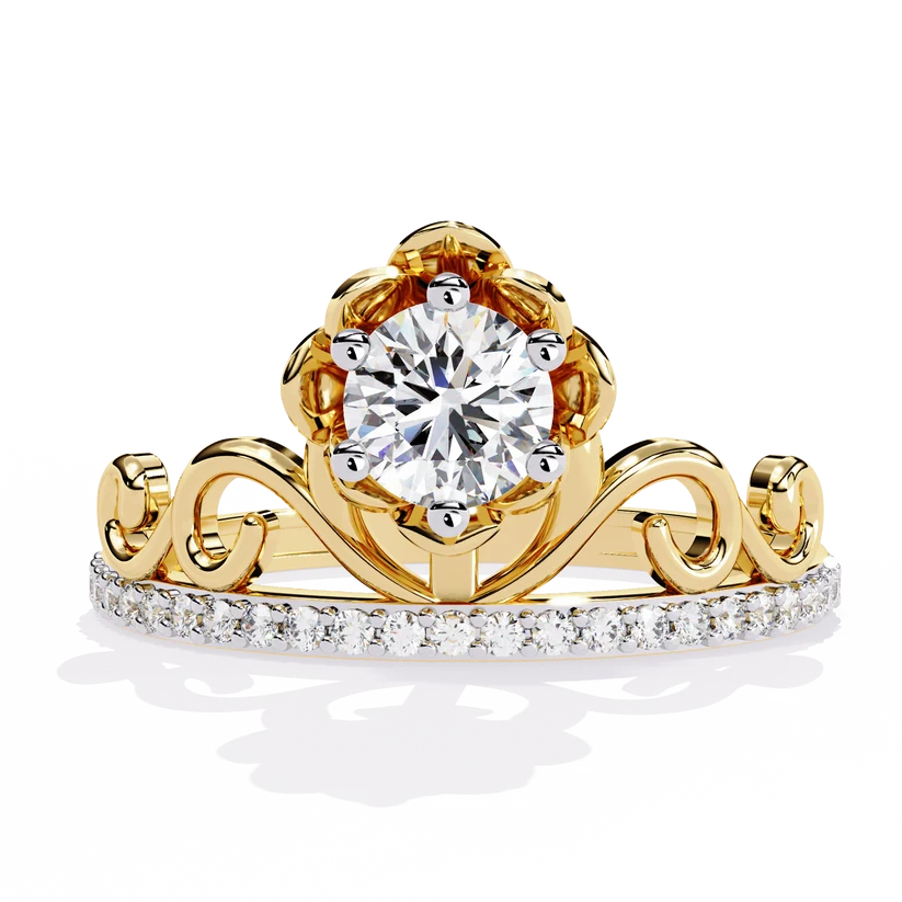 Royal Crown Round Diamond Gold Ring – Elegant Tiara-Inspired Pavé Engagement Ring