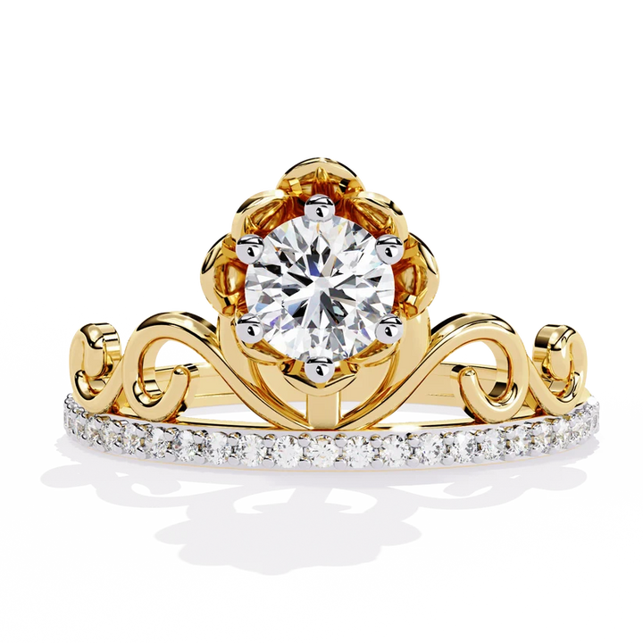 Royal Crown Round Diamond Gold Ring – Elegant Tiara-Inspired Pavé Engagement Ring
