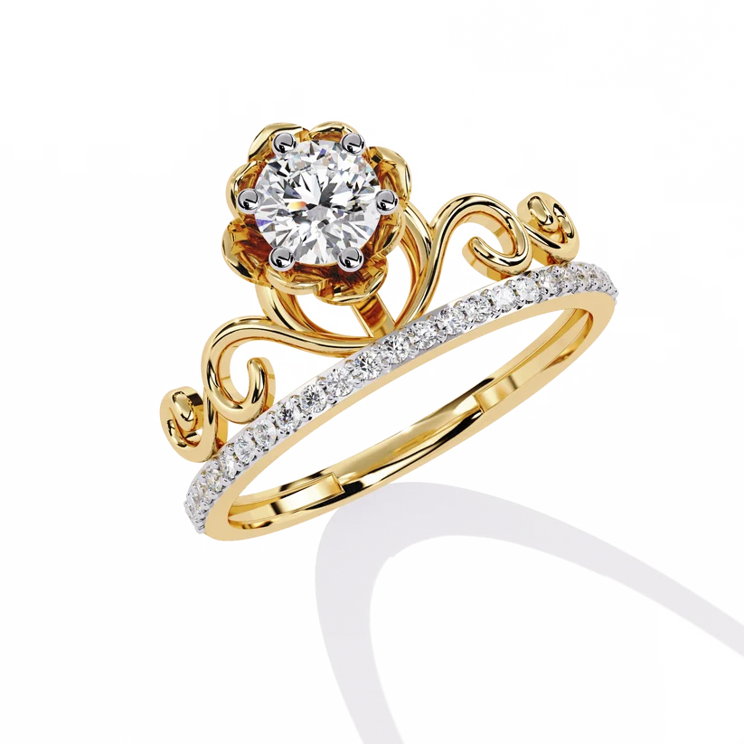 Royal Crown Round Diamond Gold Ring – Elegant Tiara-Inspired Pavé Engagement Ring
