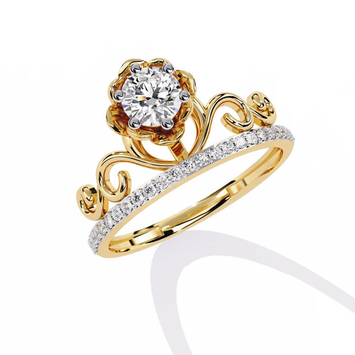 Royal Crown Round Diamond Gold Ring – Elegant Tiara-Inspired Pavé Engagement Ring
