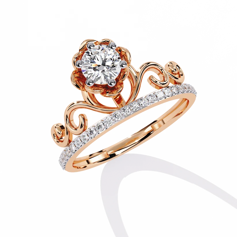 Royal Crown Round Diamond Gold Ring – Elegant Tiara-Inspired Pavé Engagement Ring