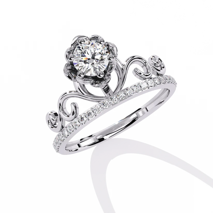 Royal Crown Round Diamond Gold Ring – Elegant Tiara-Inspired Pavé Engagement Ring