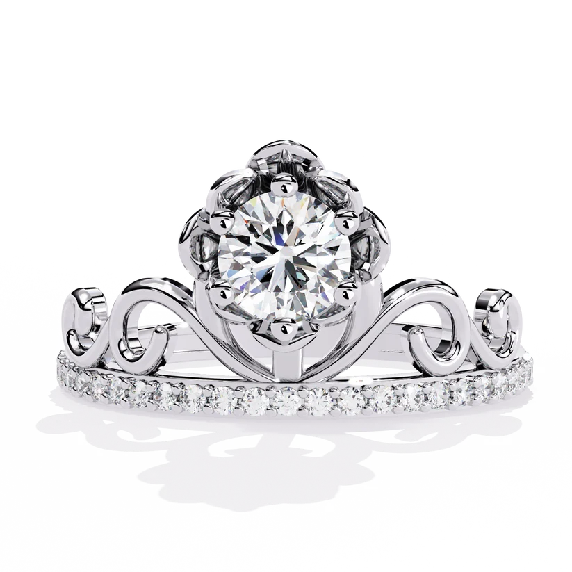 Royal Crown Round Diamond Gold Ring – Elegant Tiara-Inspired Pavé Engagement Ring