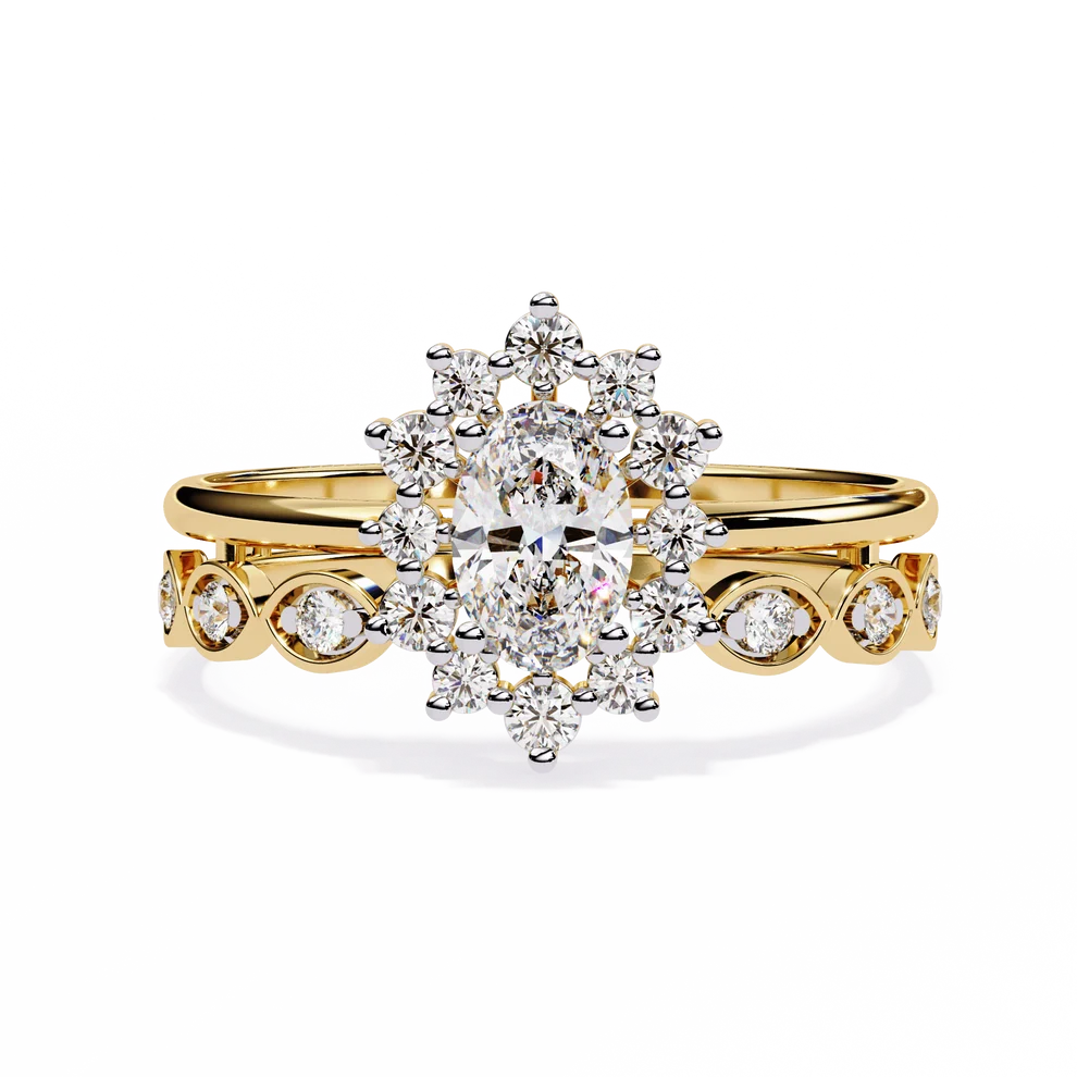 Vintage Floral Halo Diamond Gold Ring – Oval Center Diamond with Scrollwork Band